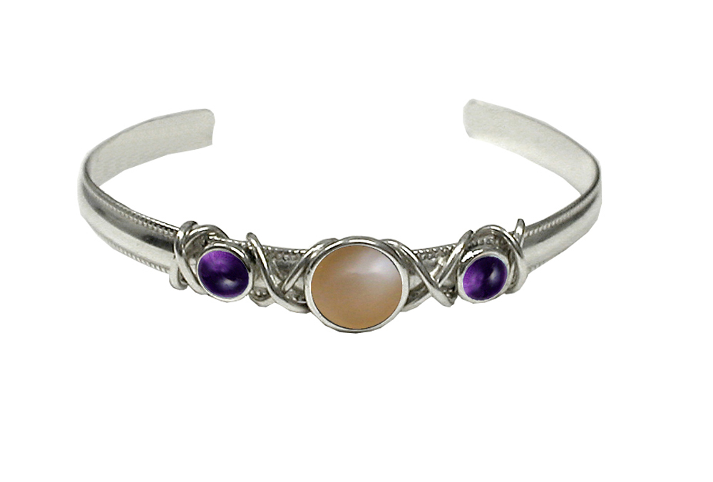 Sterling Silver Hand Made Cuff Bracelet With Peach Moonstone And Amethyst